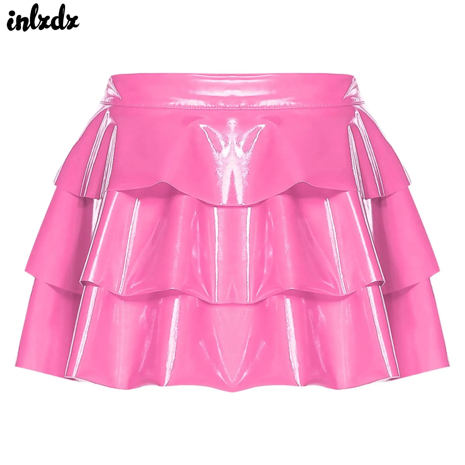 

Womens Glossy PU Skirt for pole dancing latex rave costume Front Open One-button Waist Tiered Ruffled Hem A-line Miniskirt