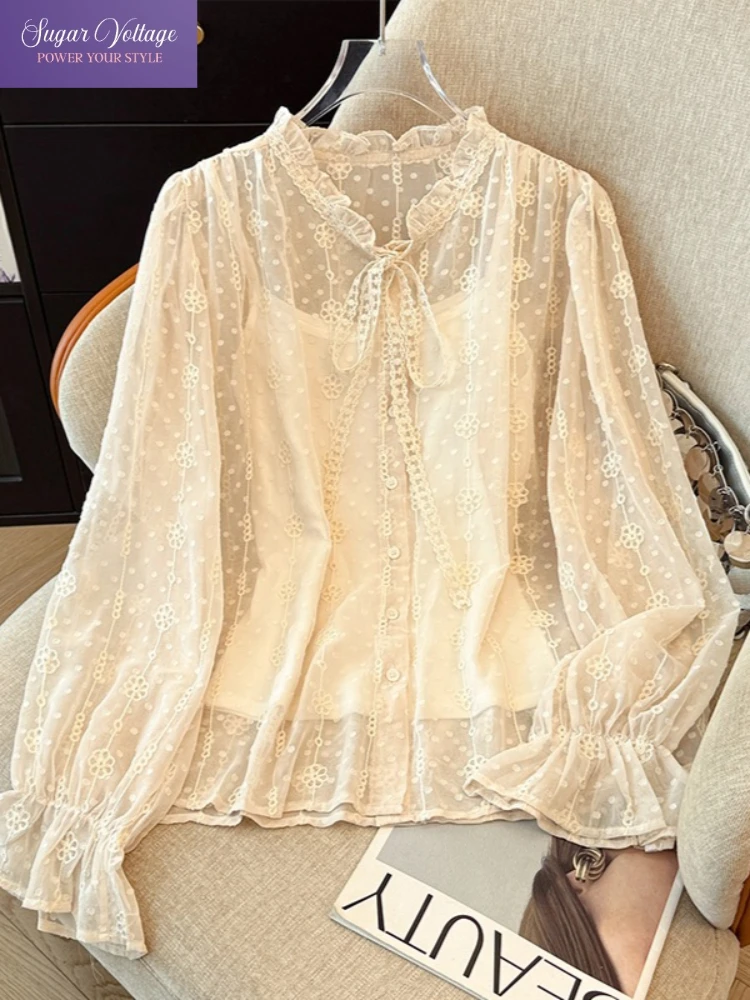 

Элегантный французский кружевной шифоновый комплект блузок, женский осенне-зимний комплект из двух предметов, топ на бретельках с внутренней частью + шикарная рубашка с завязками на шее и пышными рукавами