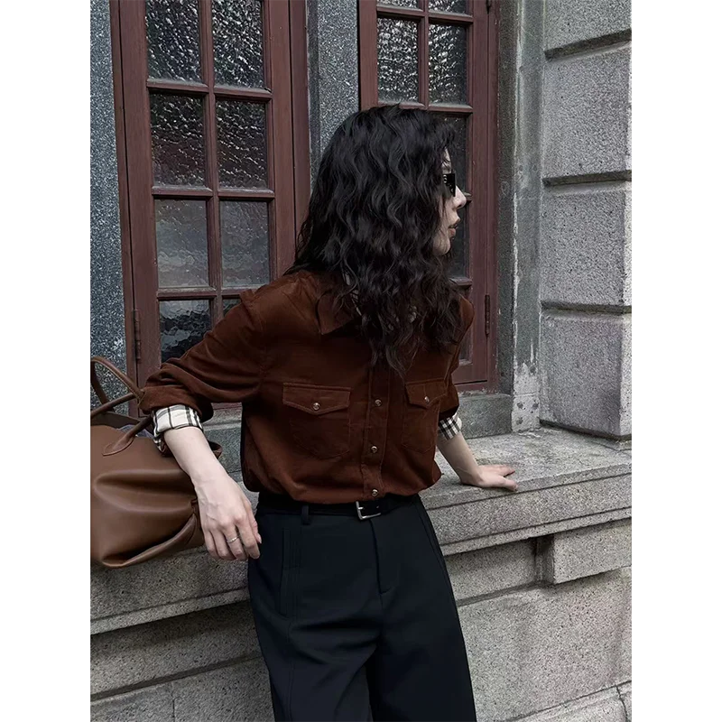 

Nana Tall Women's DMX Retro Corduroy irt Jaet with ket Autumn 2025 New Sle Loose Fit Long Sve Button Closure