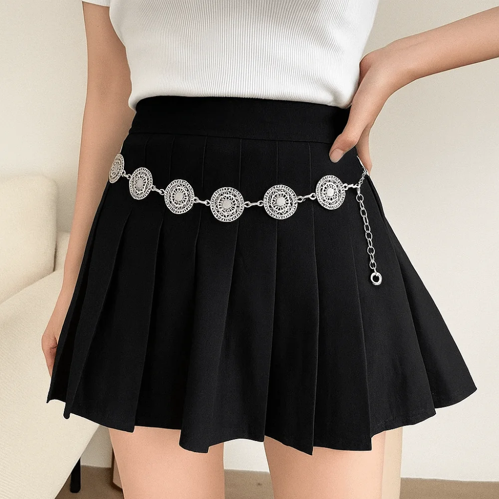 

Элегантная металлическая цепочка на талию с круглыми звеньями, серебряное украшение, аксессуар в богемном стиле, цепочка на живот, этнический пояс-цепочка