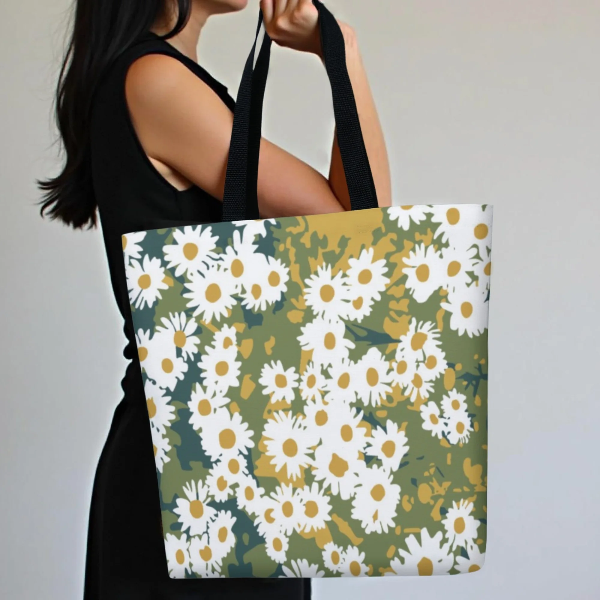 Borsa tote in tela margherita stile terroso Borsa a tracolla dal design floreale verde per donna Eco adatta per picnic primaverili Viaggi floreali