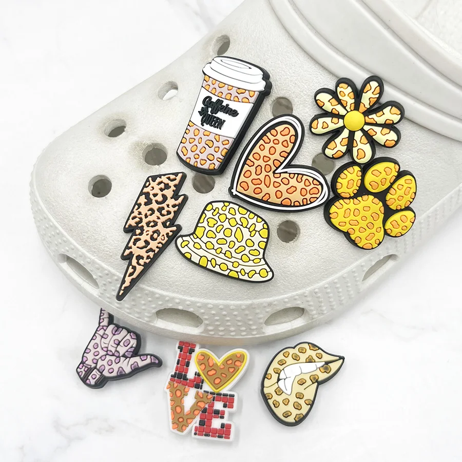 Leopard Print Love Heart PVC Shoe Charm Accessories Diy Shoe Buckle Decoration Cat Claw Lightning Clogs Upper Pins Charms Gift