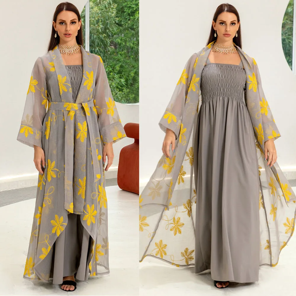 2 Pieces Set Elegant Women Dresses Abayas For Women Muslim Mesh Floral Embroidery Lace Belted Kaftan Dress Moroccan Outfits Robe