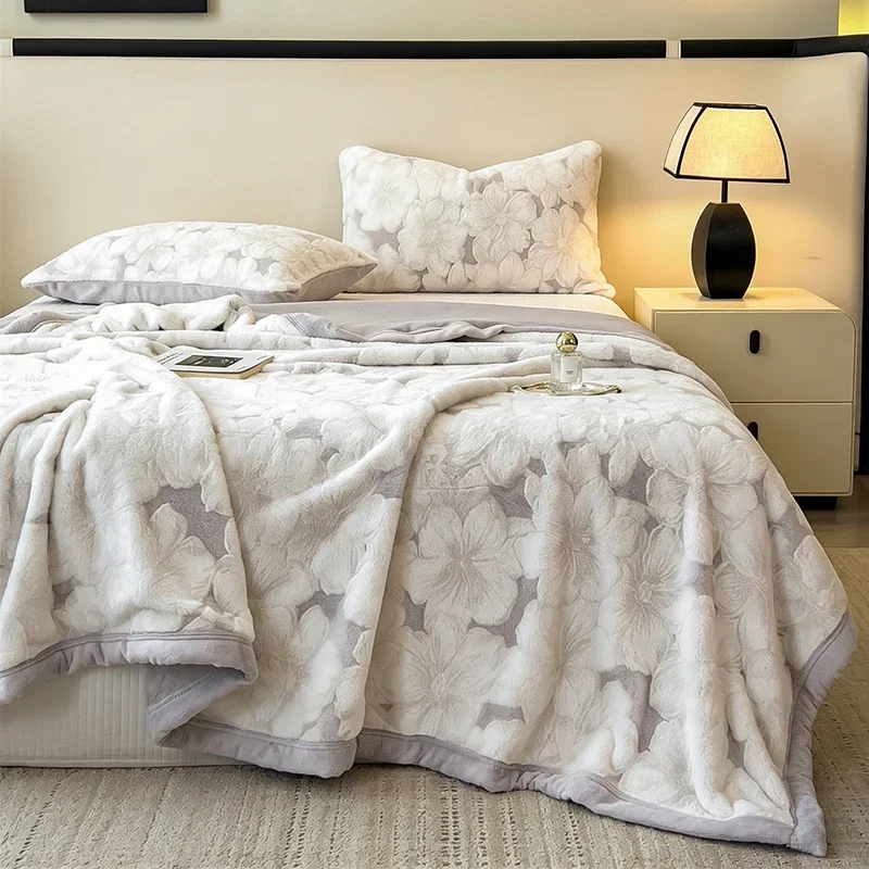 Luxury Relief Carving Faux Rabbit Fur Blanket Double Layer Thick Warm Winter Bed Blankets with Zipper Fluffy Soft Plush Blanket