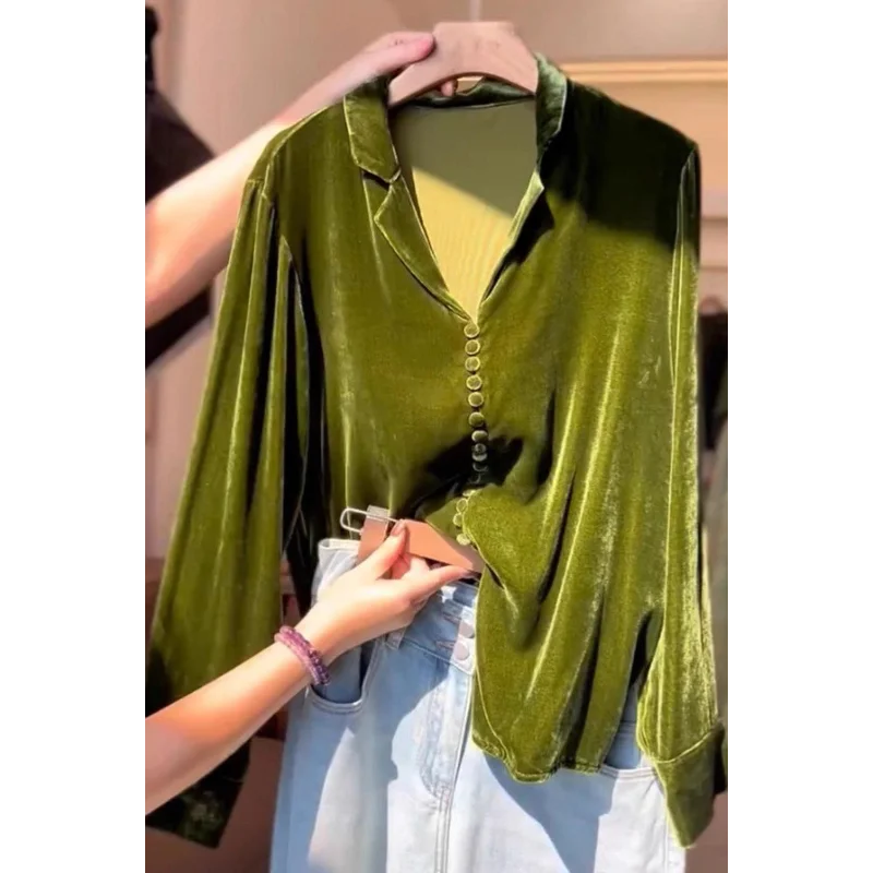 Fashionable Light Luxury High-end Green Lapel Long-sleeved Velvet Women's New Autumn Versatile Loose Slim Shirt