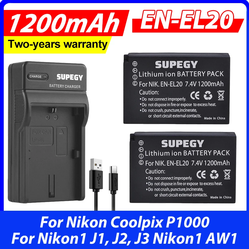 EN-EL20 EN EL20 EN EL20a Battery + USB Charger with Type C Port for Nikon Coolpix P1000 Nikon1 J1, J2, J3 Nikon1 AW1