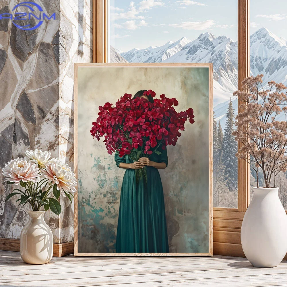 AZNM AZNM Modern Girl Wear Flowers Canvas Print Scandinavia Full of Force De Vie Wall Art Poster for  Living Room Bedroom Room H