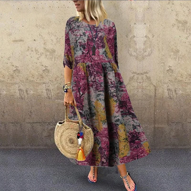 Summer Women\'s Printed Casual Loose Long Dress with Round Neck and Half Sleeves Fashion Loose Long Dress