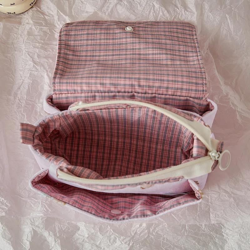 Large Capacity Multi-Layer Canvas Cosmetic Case for Students Cute Aesthetic Portable Storage Bag Washable Makeup Organizer Pouch