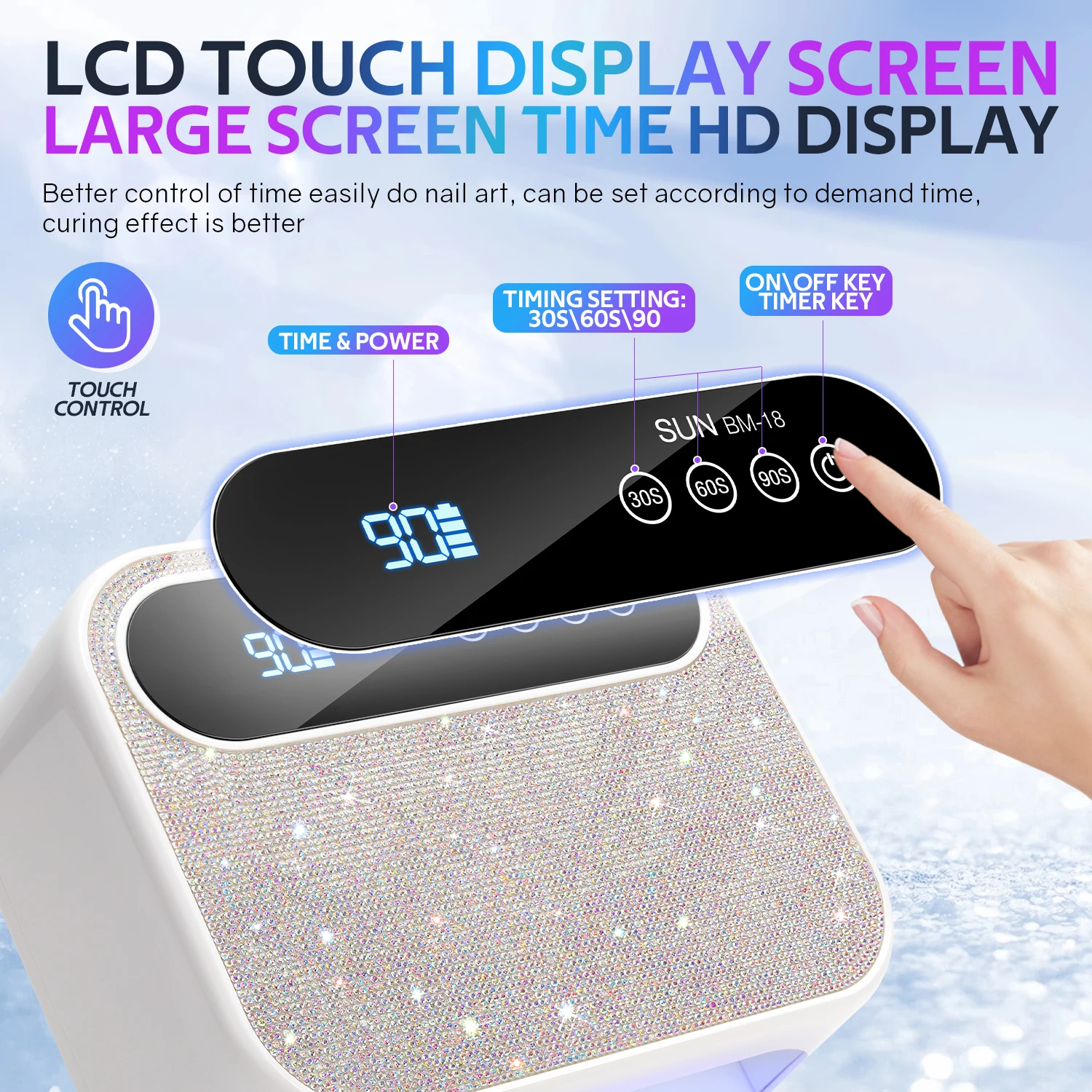 Bling Rhinestone UV Nail Lamp  with LCD Touch Screen- 3 Timers, Dual Light Source, Rechargeable & Auto Sensor
