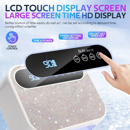 Imagen 2 del producto Lámpara de uñas UV con diamantes de imitación brillantes con pantalla táctil LCD: 3 temporizadores, fuente de luz dual, sensor recargable y automático