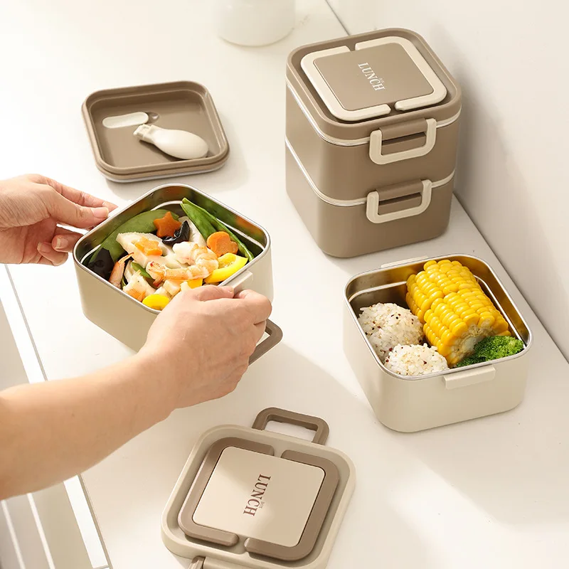 304 Stainless Steel Square Lunch Box Microwavable Multi-layer Portable Bento Box for Kids Adults Leakproof Food Container view 4