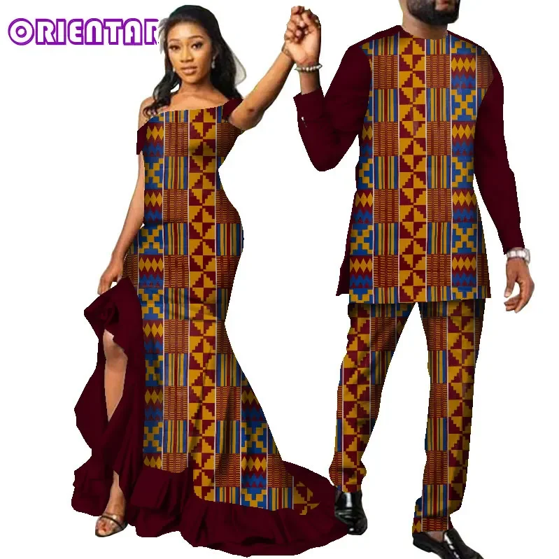 Ropa africana para parejas, vestido largo con estampado africano para mujer, conjunto de trajes africanos para hombres, ropa Bazin Riche para