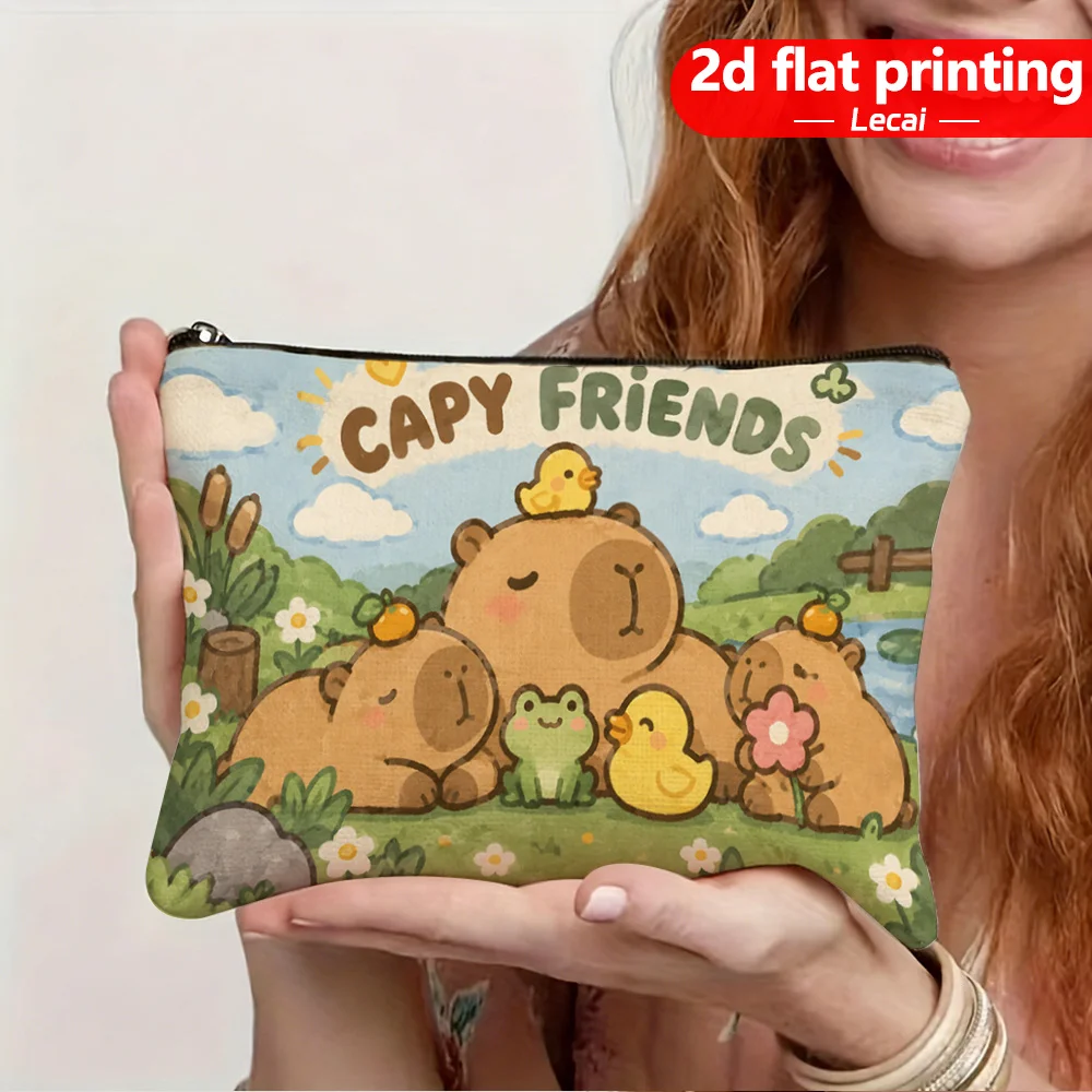 Capy Friends Makeup Bag Cartoon Capybara And Animal Friends Pattern Zipper Cosmetic Pouch Portable Travel Toiletry Storage Bag