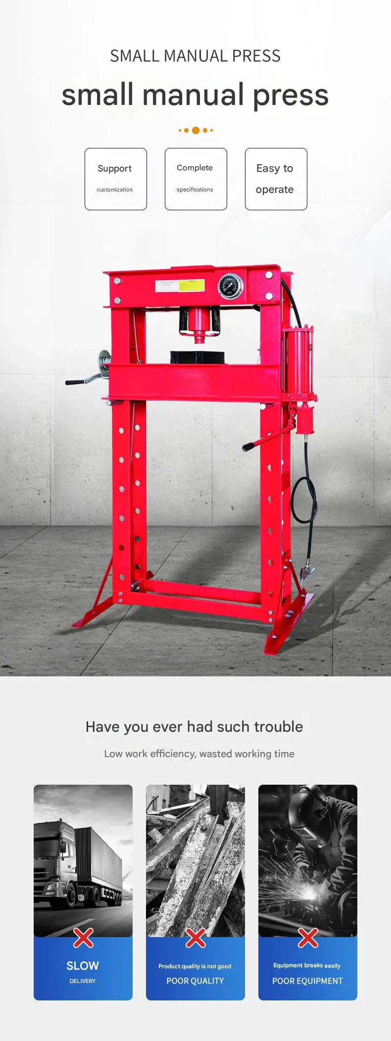6T 50T Range Hydraulic Shop Press Manual Pneumatic Tool Series Servo Featuring Bearing Gear Motor Pump Engine Pressure Vessel