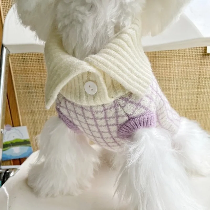 Pet Purple Plaid Lapel Sweater Pet Little Dog Cat Teddy Malzis Yorkshire Small Dog Clothing Autumn Winter New Cat Clothes