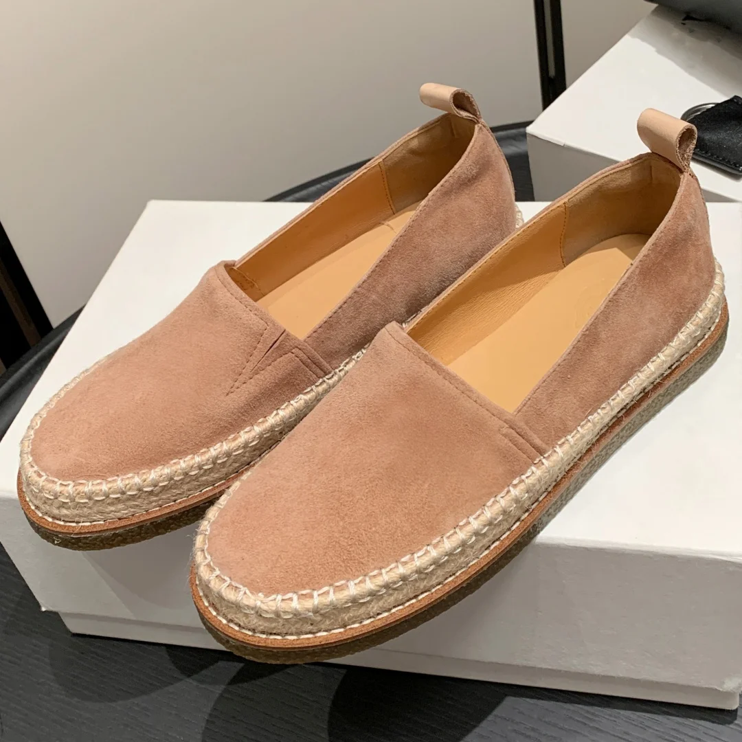 2025 Women\'s leopard horsehair slip-on flats loafers round toe hemp casual female moccasins leisure fisherman\'s shoes for woman