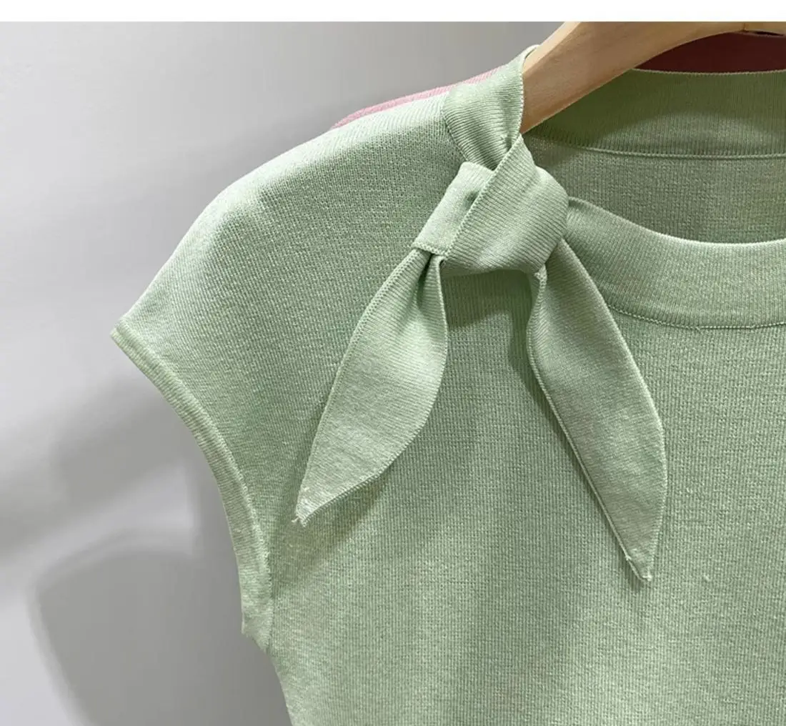 Round Neck Ice Silk Short-sleeved Knitted T-shirt for Women New Style in Summer 2024 Slim-fit Small Flutter Sleeves Blouse Top