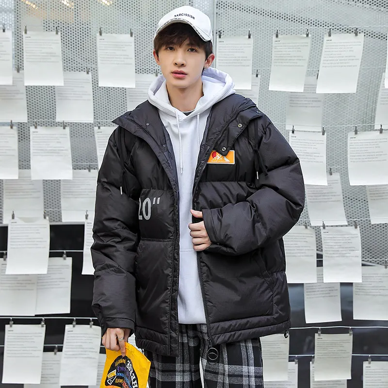 

Trendy Thiened Cotton Jaet for Men Loose Fit Bla Winter Coat Polyester Fabric Hooded Zipper Closure Youth Sle