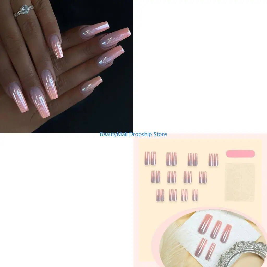 40JD 24Pcs French Gradient Long Square Press on Set On Acrylic Full Cover Artificial For Stylish Women