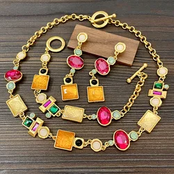 Colored Gemstone Necklace and Medieval Geometric Earrings