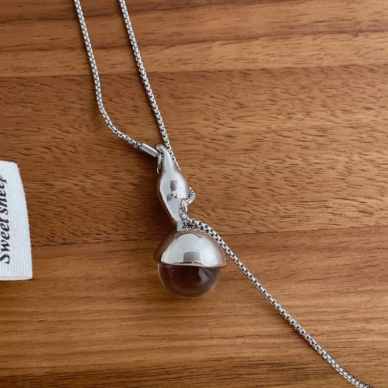 Minar Simple Transparent Crystal Resin Metal Splice Bottle Gourd Pendant Necklaces for Women Silver Plated Box Chain Adjustable
