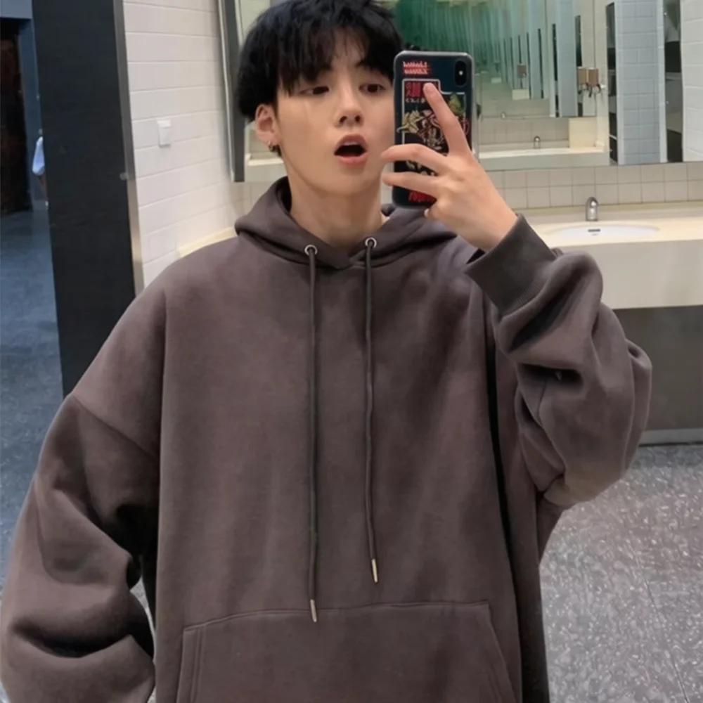 Streetwear Hooded Pullover Men Solid Color Casual Long Sleeve Loose Fit Autumn Winter Fashion Couple Sweatshirt Tops