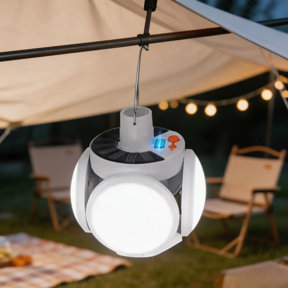 Solar Charging LED Camping Light Real‑time Power Display Hanging Hook Rechargeable Emergency Tent Lamp for Hiking Balcony Garden