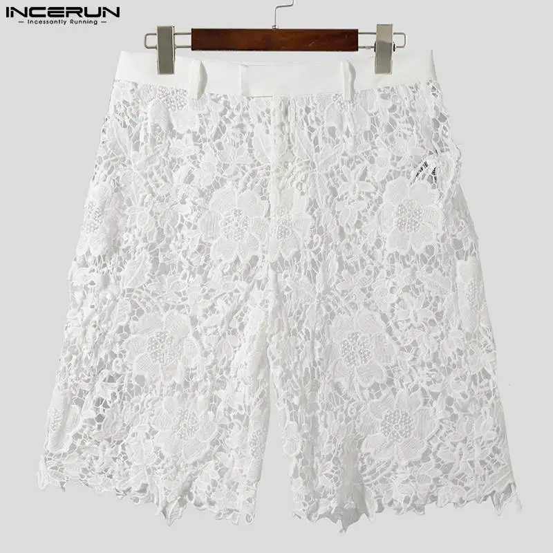 Stylish Well Fitting Men\'s Shorts INCERUN Lace Printed Hollow Design Shorts Casual Party Show Sexy See-through Mesh Shorts S-5XL