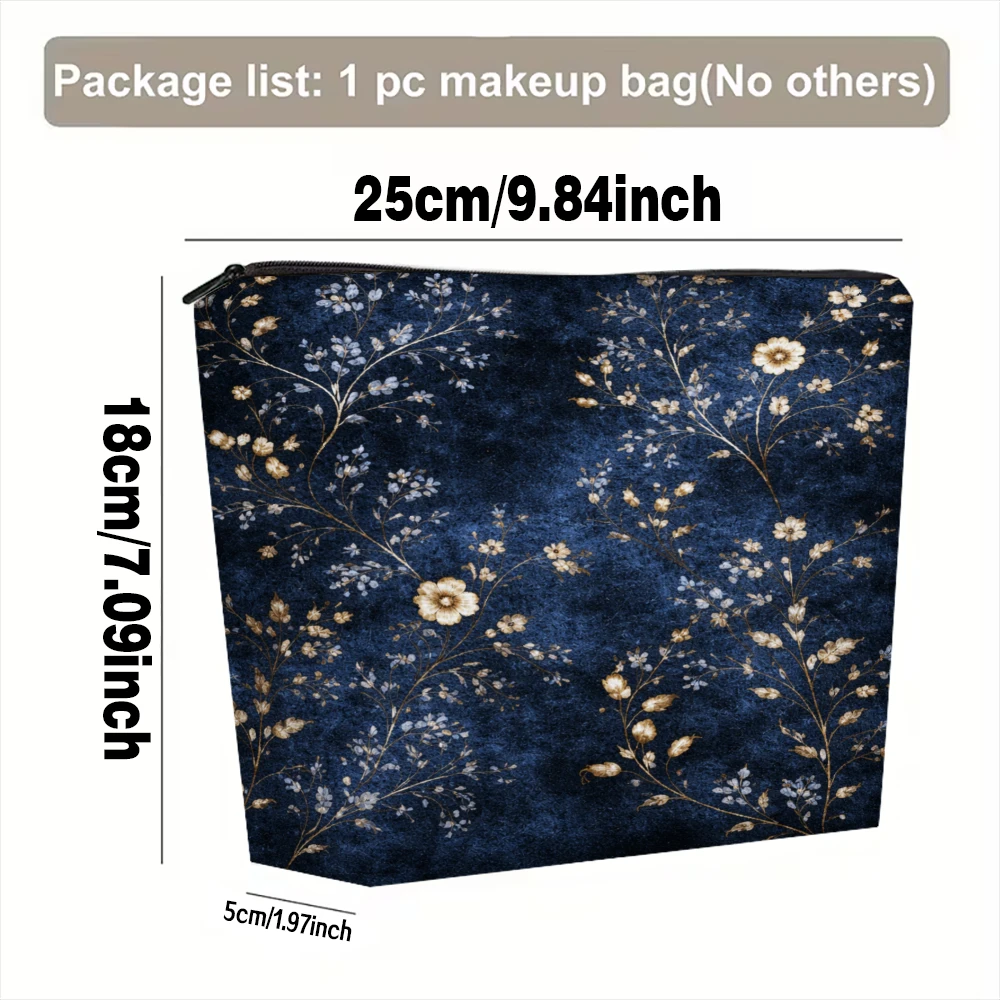 Blue Floral Pattern With Gold Accents Makeup Bags for Girls Cosmetic Pouch Toiletry Bag Pencil Case Travel Storage