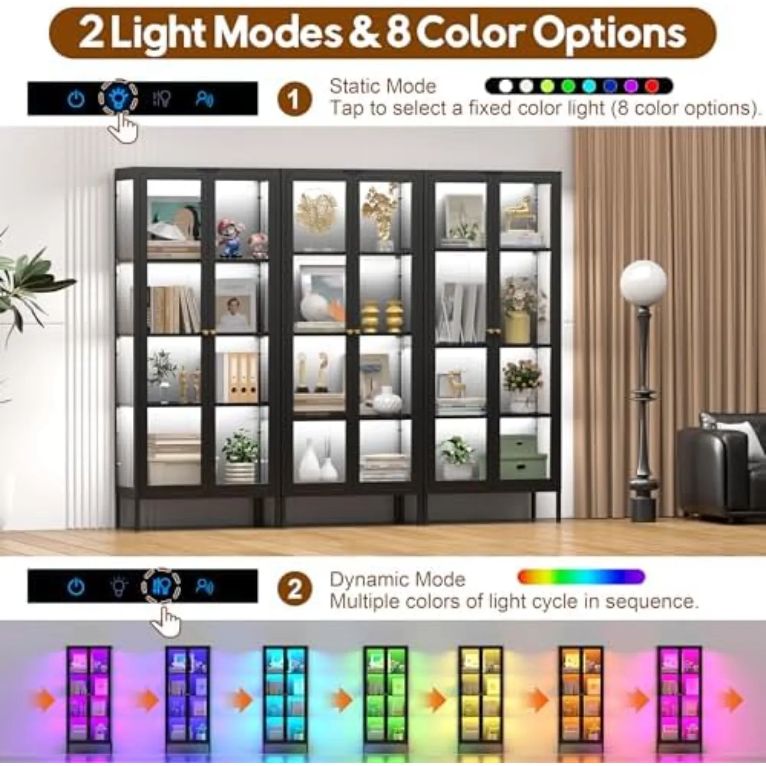 Display Cabinet with Glass Doors, Glass Display Cabinet with 8 Color LED Lights, Curio Display Cabinet with 3 Shelves view 5