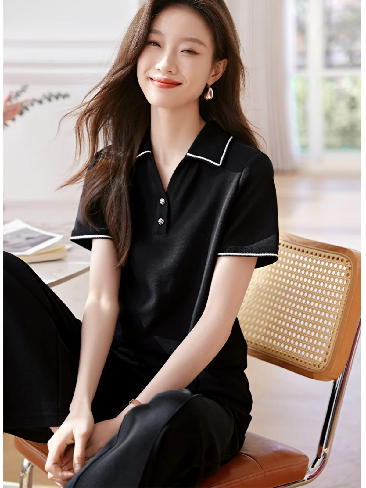 

Spring and Summer Suit Women 2024 New Age Reduction Polo Shirt T-shirt Women+loose Slim Wide Leg Pants Two-piece Set