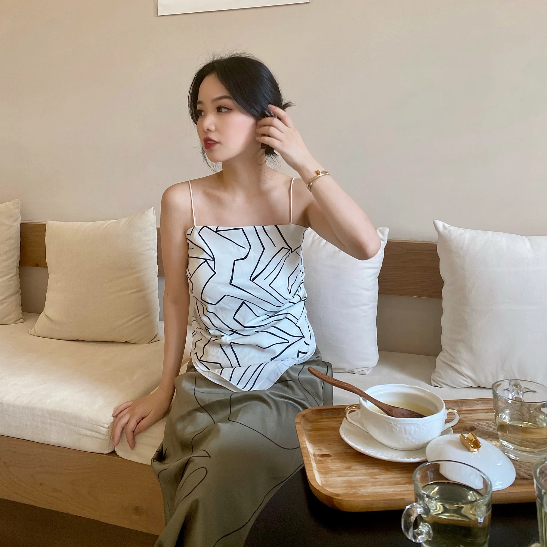 

een Silk f-length Skirt with Line Print A-line Wrap Hip High Waist Long Skirt for Small Artists Smooth Spring Summer