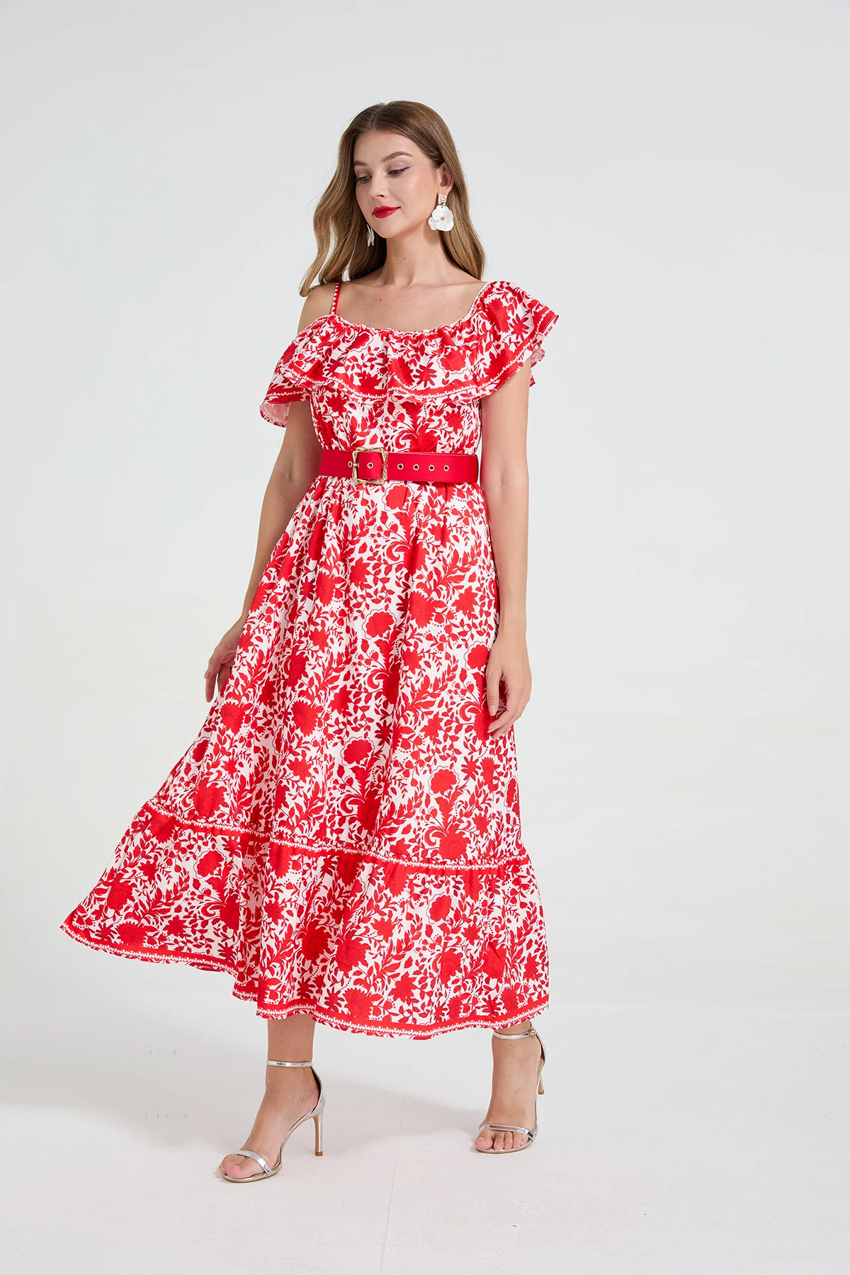 Boho Fashion Rode Print Vakantie Lange Jurk Zomer Mode Dames Sexy Eén Schouder Ruches Elegante Casual Riem Lange Jurk