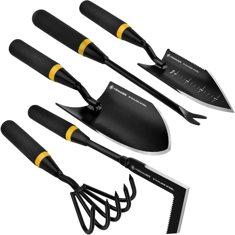 Garden Tool Set - Featuring a Heavy-Duty Stainless Steel Hand Cultivator, Transplant Shovel, Trowel, Crack Weeder, and Dandelion