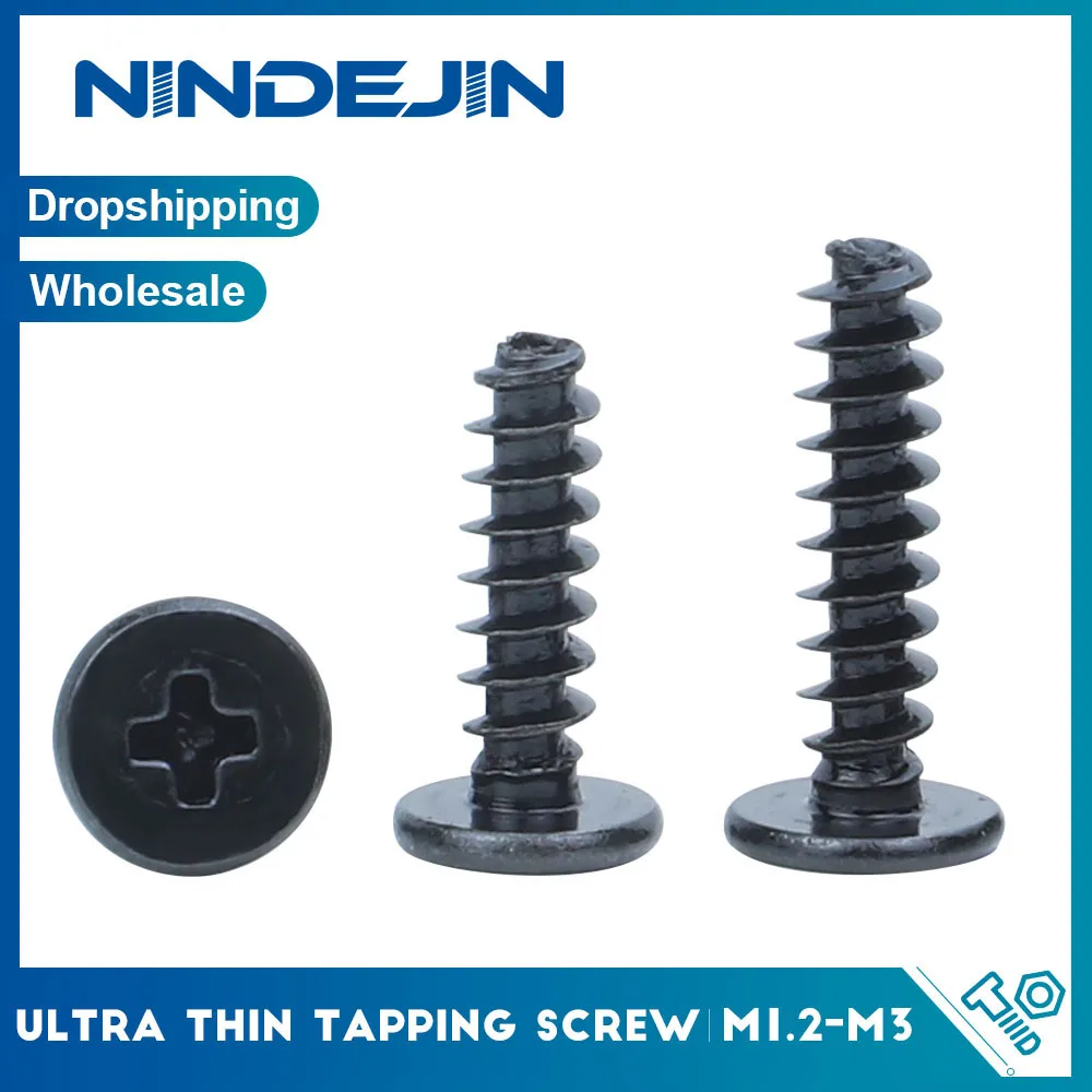 NINDEJIN Ultra Thin Flat Head Cross Tapping Screw Flat Tail M1.2-M3 Black Steel Wafer Head Tapping Screw for Laptop PC Fan