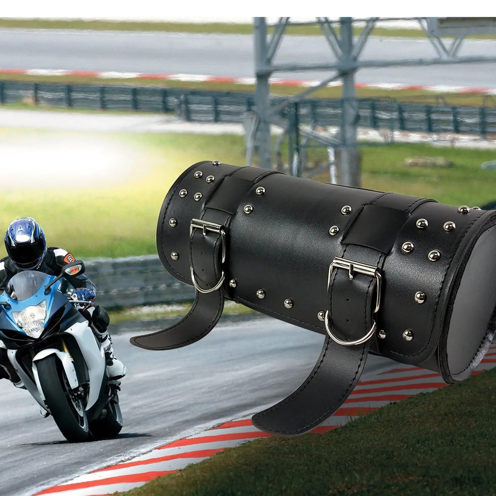 

Motorcycle Fork Bag Waterproof PU Rivet Decor Cruiser Handlebar Storage Pack for Tools Water Bottle Keys Phone Papers