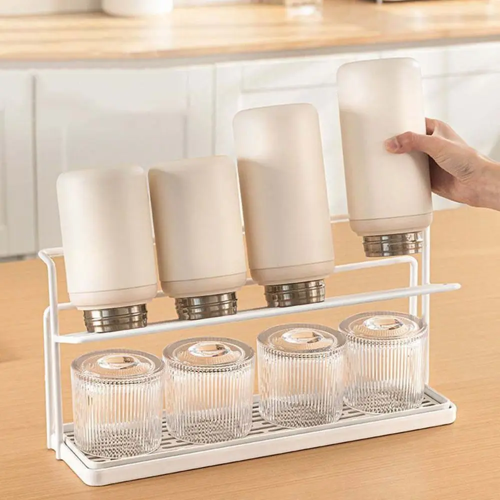 Iron Double-layer Drain Cup Rack Large Capacity Space Saving Cup Storage Tray with Removable Drip Tray Sink Storage Rack