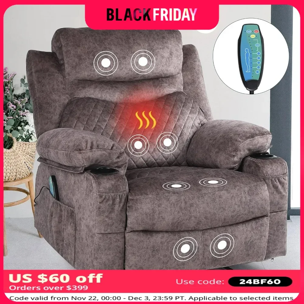 

Massage Recliner Chairs with Heat Overstuffed Fabric Manual Recliners with Cup Holders Heated Massaging Reclining Chair