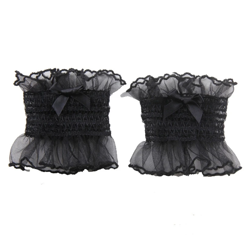 Sweet Shirred Wrist Cuffs Solid Color Ruffled Lace Bow Wristband Sleeves