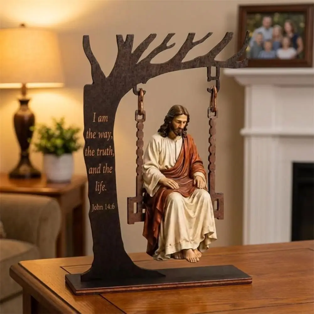 Vintage Wooden Jesus Swing Ornament Catholic Verse Engraved Bible Reading Figurine Religious Inspirational Figure Swing Craft