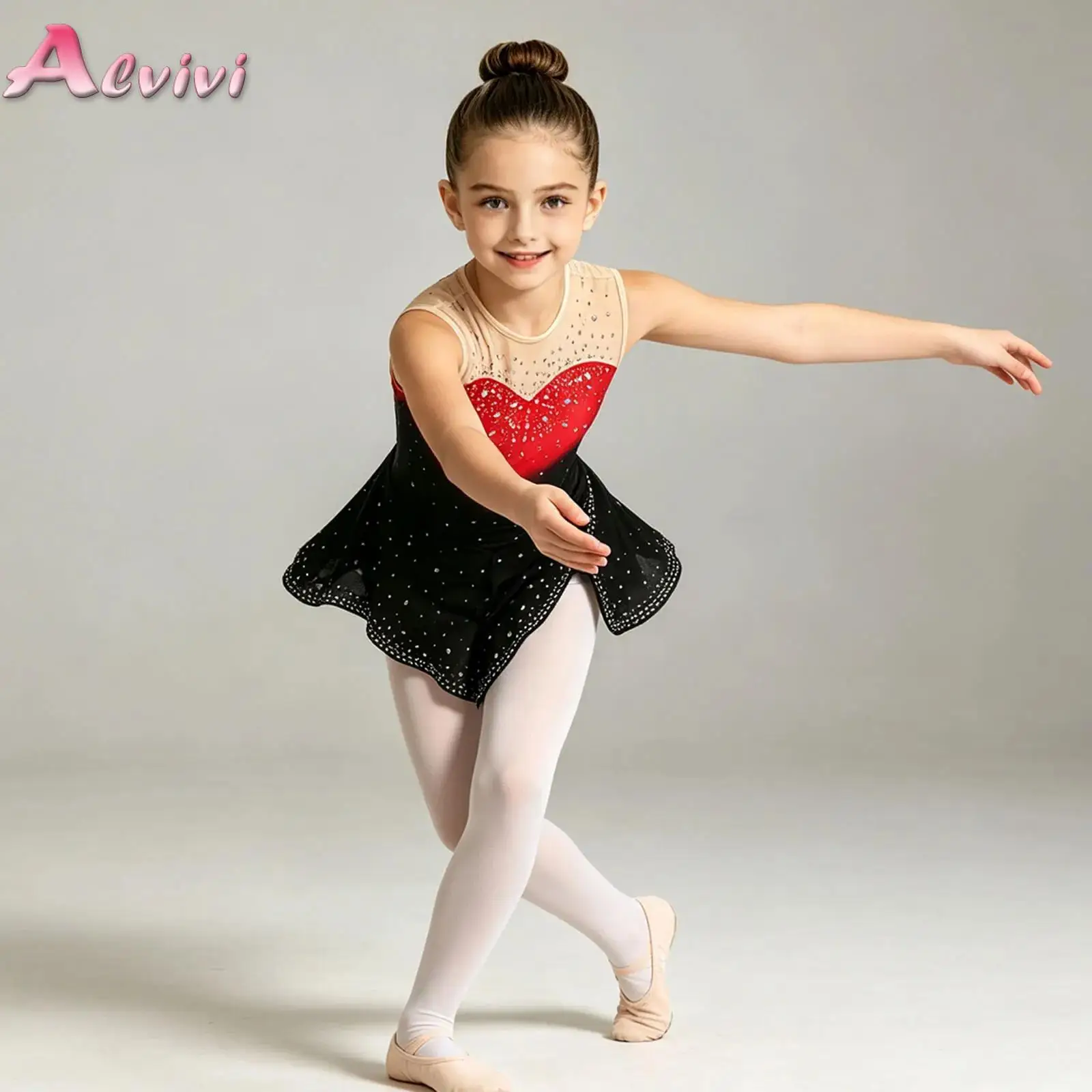 Kids Girls Sleeveless Mesh Rhinestone Bodysuit Jumpsuit Dress for Gymnastics Ballet Skating Dance Stage Performance Competition