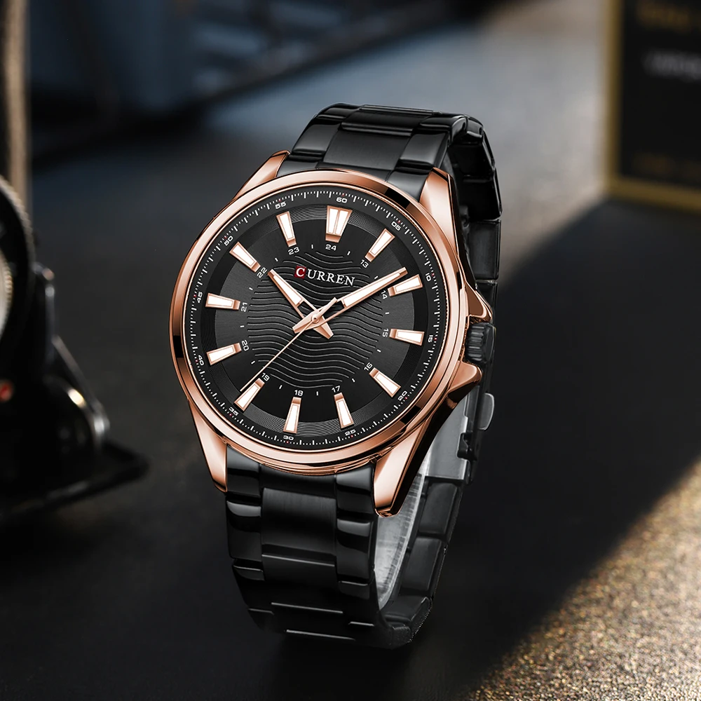 CURREN Casual Business Quartz Watches for Man Stainless Steel Band Black Wristwatches with 44 mm Dial Luminous Hands