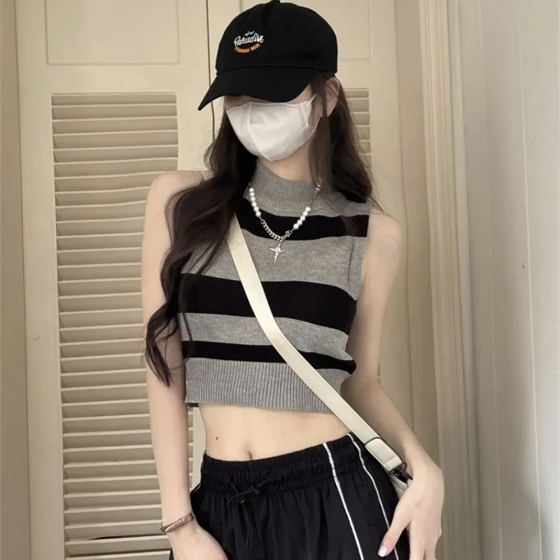 

Свитер-жилеты женские в корейском стиле в полоску уютные Harajuku для отдыха летние эстетические Ins High Street винтажные укороченные без рукавов модные