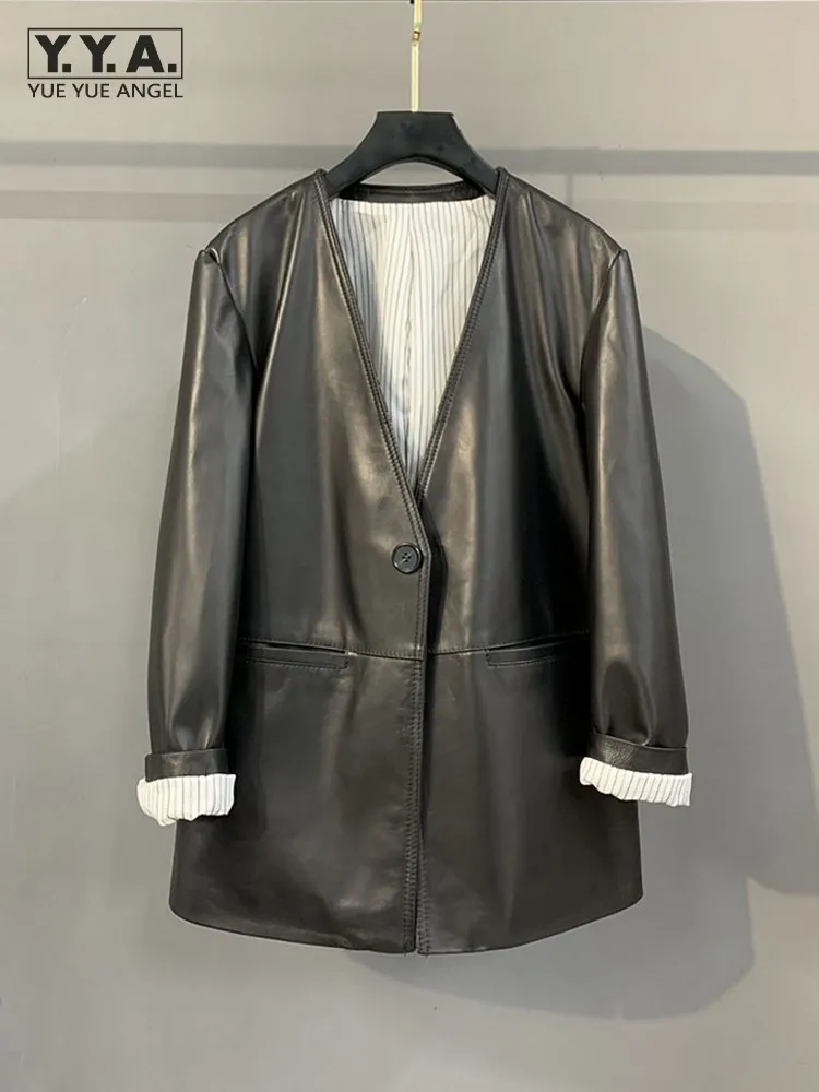 مصمم أزياء المرأة الجديدة زر واحد الخامس الرقبة متوسطة طويلة جلد طبيعي كم طويل فضفاض عارضة ملابس خارجية من جلد الغنم سترة