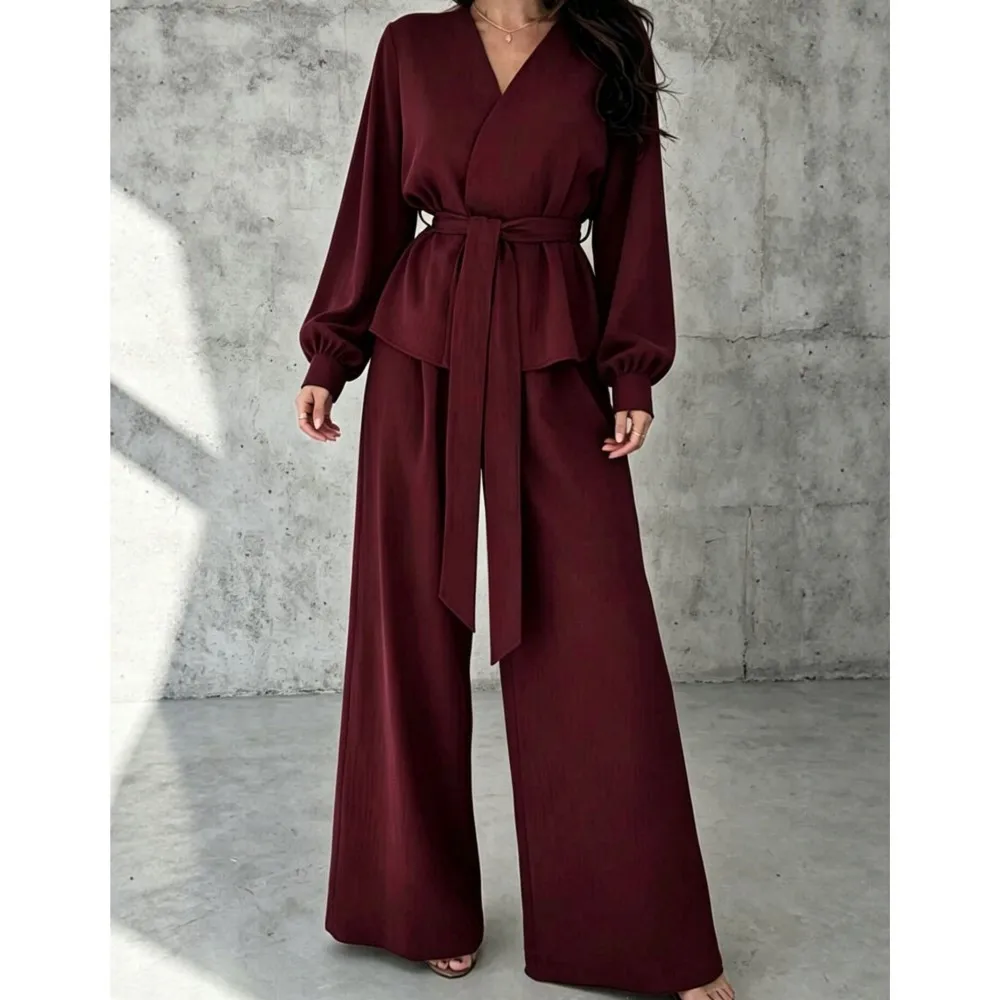 Fall Women's Elegant Wide-leg Long Pants 2piece Set V Neck Waist-cinching Drawstring Long-sleeved Blouse Female Office Pants Set