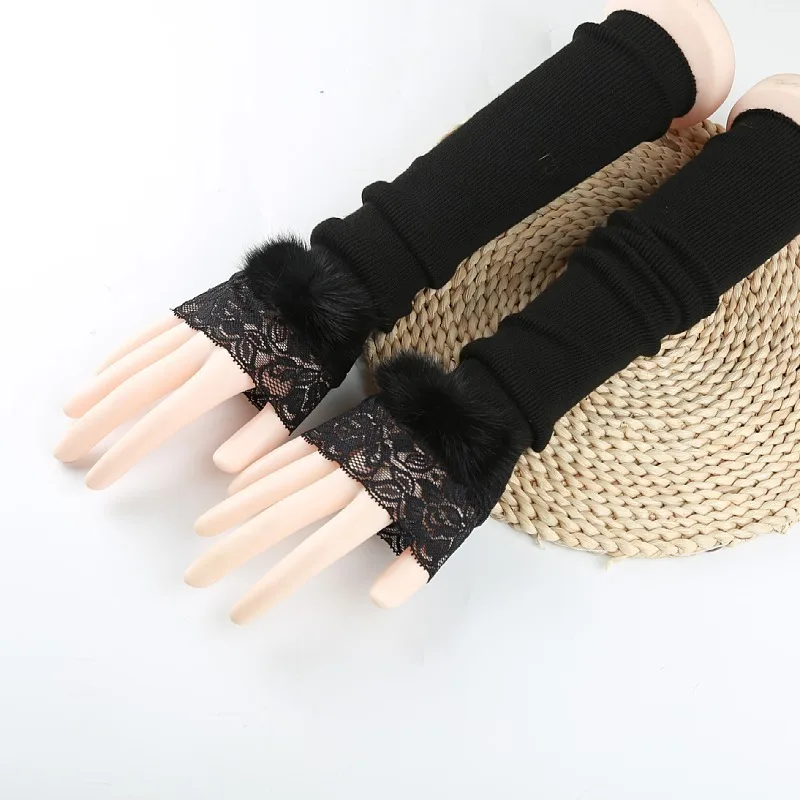 Women Cashmere Gloves Over Elbow Arm Warmers Lace Trim Wool Sleeve Covers Winter Warm Fake Sleeves