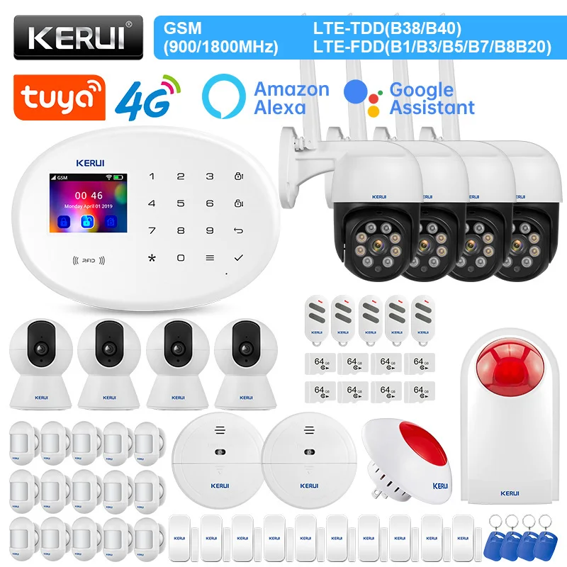 

KERUI W204 Smart Home Alarm System 4G WIFI GSM Alarm Motion Sensor Detector Alexa Door Sensor Flashing Siren RFID Tag IP Camera