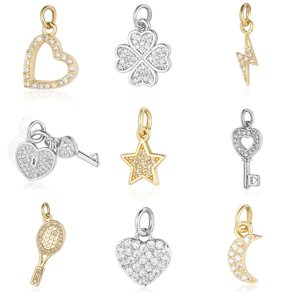 5pcs/Lot Star Heart Key Copper Cubic Zircon Charms Clover Lightning Horseshoe Racket Moon Bracelet Earring Necklace Pendant