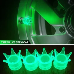 4PCS Luminous Crown Shape Wheel Tire Valve Cover Motorcycle Bike Tire Dust Valve Fluorescent Cap Car Tire Decoration Accessories